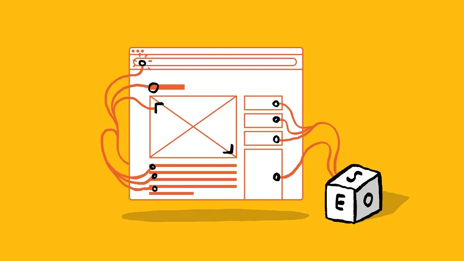 Illustration of webpage layout with SEO elements and cube