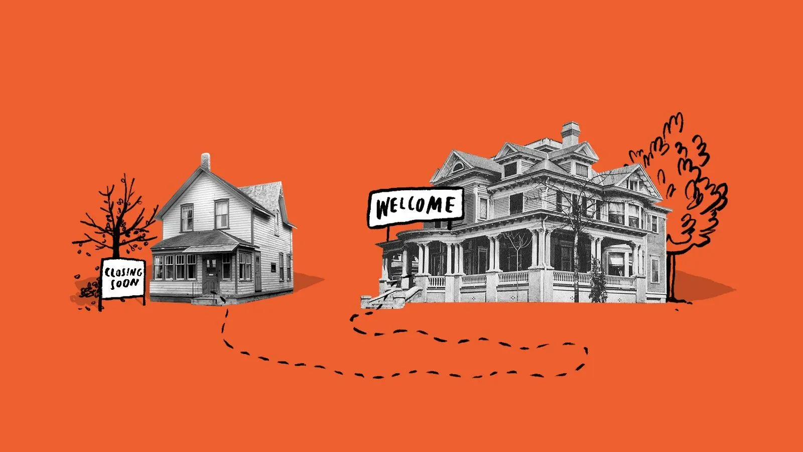 Illustration of old house closing and new house welcoming transition