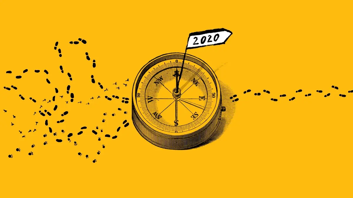 Compass with 2020 flag and celebratory confetti