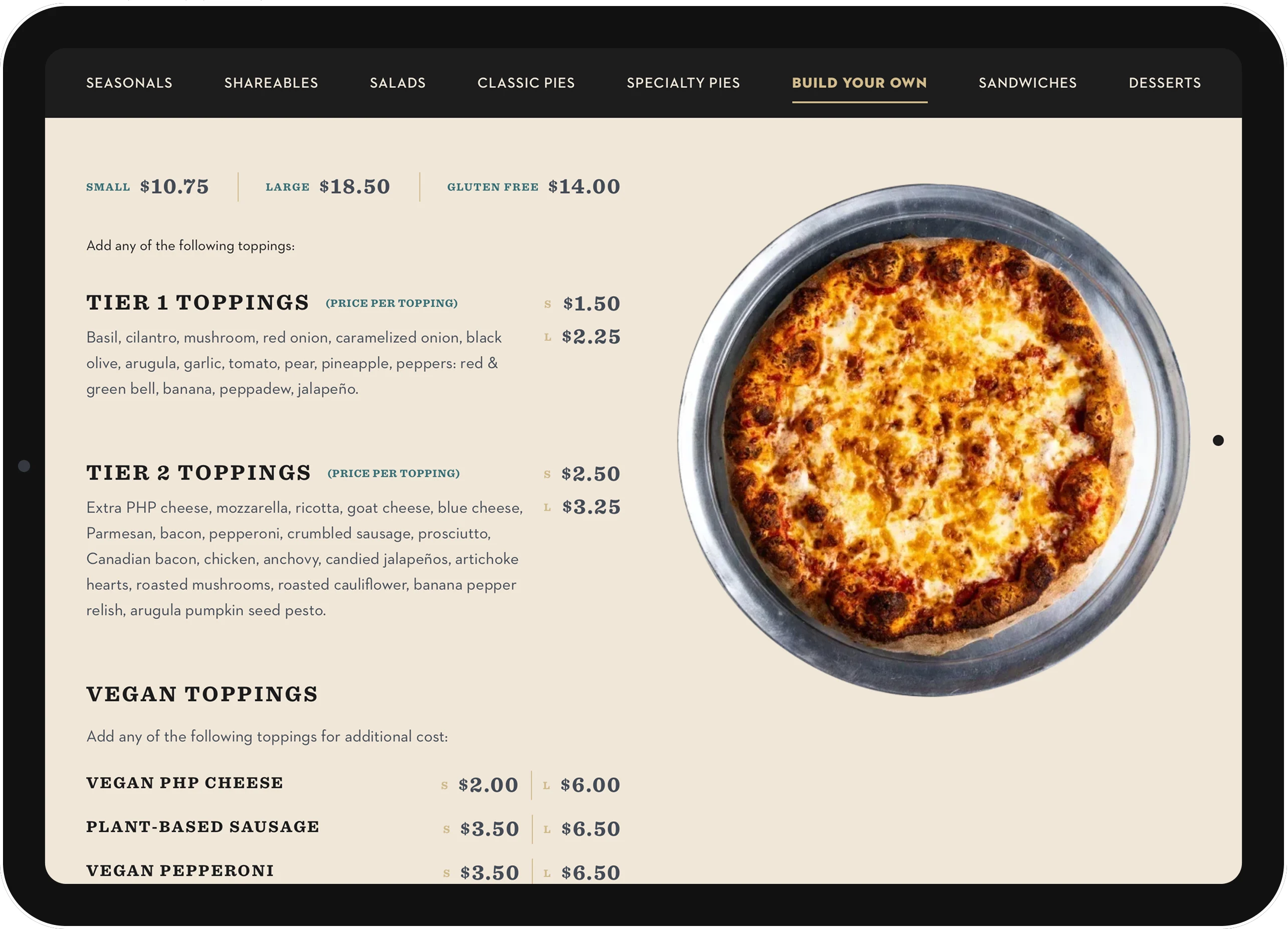 Screenshot of Pinthouse food menu