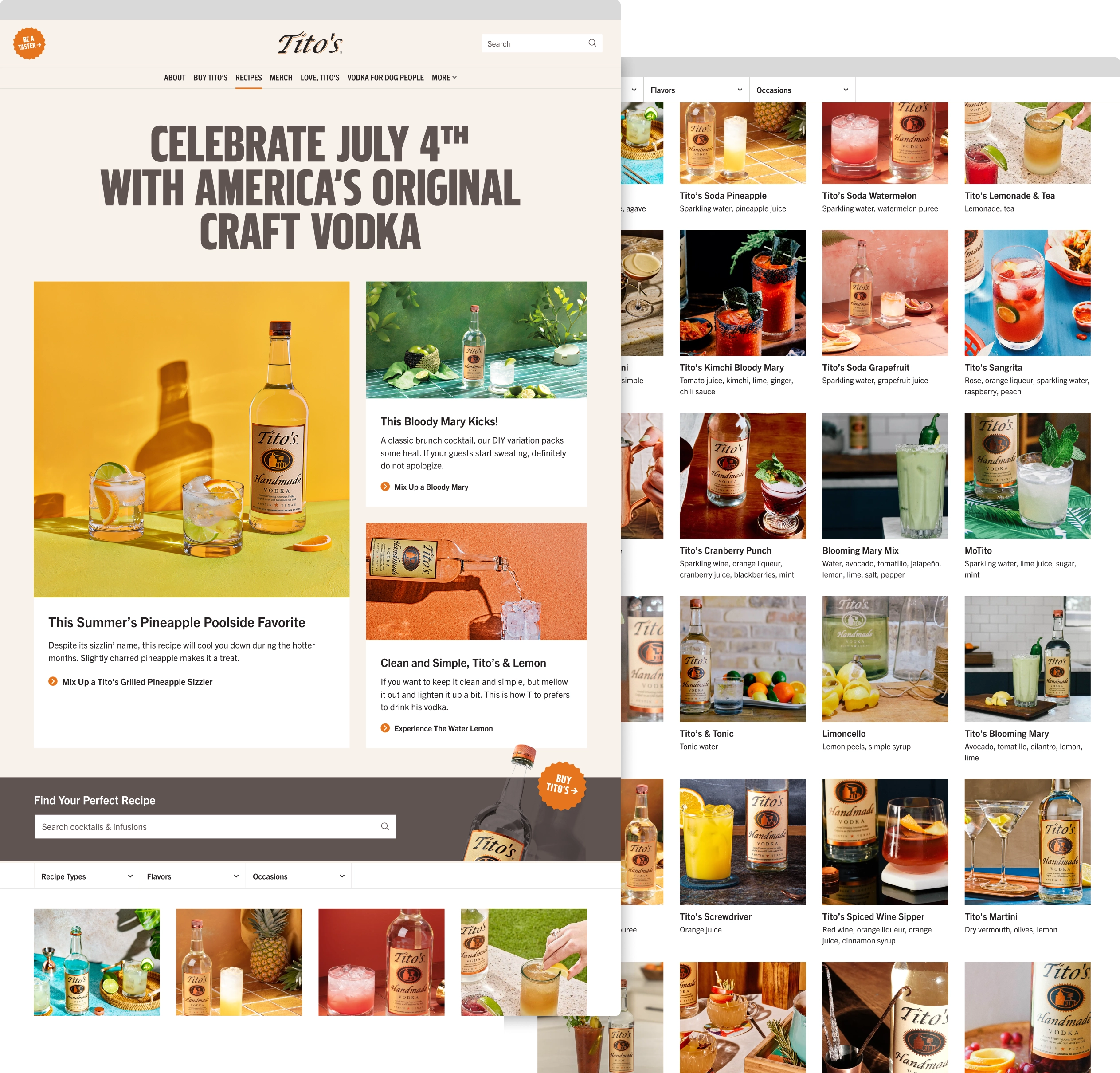 Screenshot of the Tito’s Handmade Vodka website featuring July 4th promotional content, recipe cards for cocktails, and a searchable recipe section with thumbnail images of various Tito’s drinks.